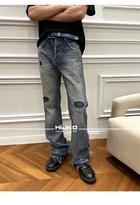 MIJKO Washed Frayed Vintage Jeans Pants Mens Straight Retro Casual Denim Trousers Cargos FJ069