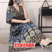 Summer Poplin Dresses Women Round Neck Puff Short Sleeve A Line Print Dresses Ethnic Style Tight High Waist Long Dress 2023