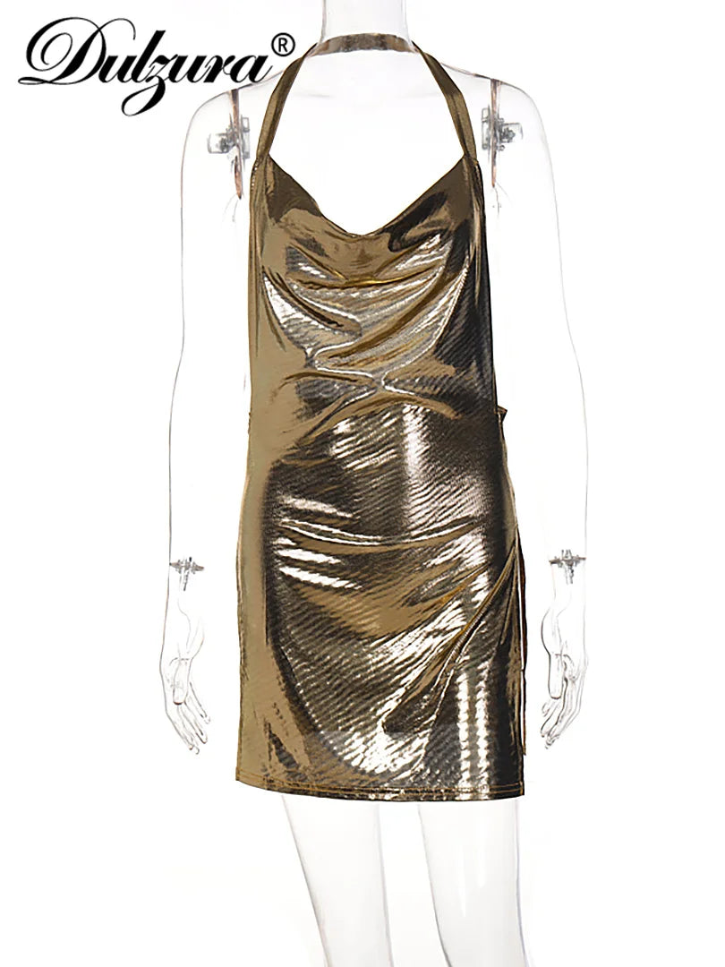 Dulzura Bling Glitter Women Halter Mini Dress Side Slit Backless Bodycon Sexy Streetwear Party Club Festival 2022 Summer Clothes