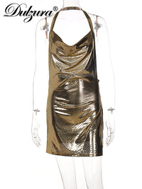 Dulzura Bling Glitter Women Halter Mini Dress Side Slit Backless Bodycon Sexy Streetwear Party Club Festival 2022 Summer Clothes
