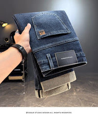Men's Jeans Casual Long Straight Stretch Denim Pants Autumn Winter Classic Belted Jeans Korean Fashion Blue Black Jean Trousers