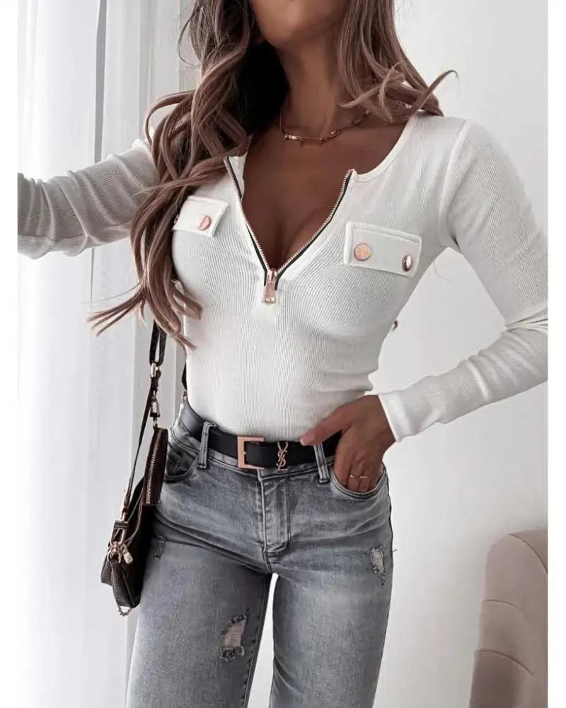 Y2K women's fashion simple slim top new V-neck long-sleeved casual T-shirt elegant zipper autumn and winter threaded knitted top