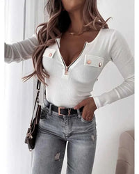Y2K women's fashion simple slim top new V-neck long-sleeved casual T-shirt elegant zipper autumn and winter threaded knitted top