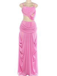 Kliou Ruched Elegant 2 Piece Set Woman Low-Neck Backless Camisole Tops+Elastic Waist Long Skirts Midnight Prom Party Outfits