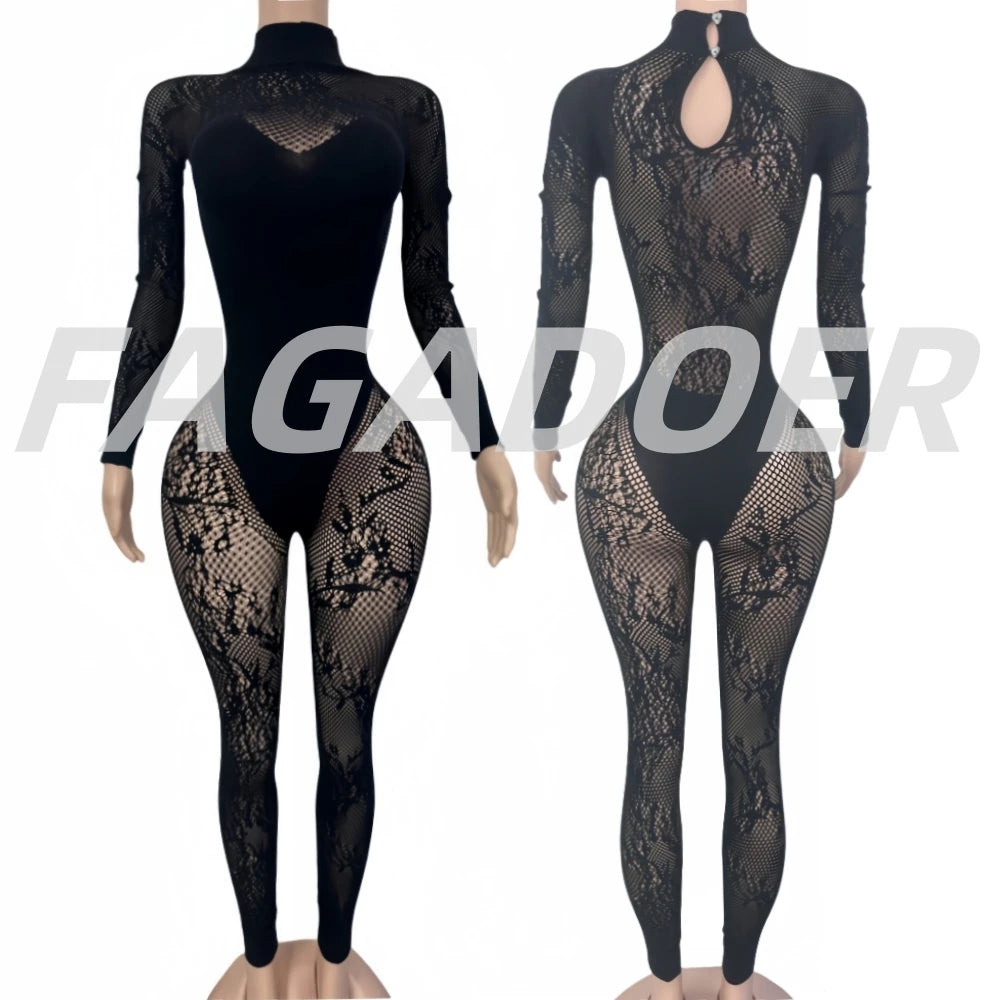 FAGADOER Summer New Sexy Quality Lace Bodycon Jumpsuit Women Hollow Out See Through Backless Romper Female Streetwear Overalls