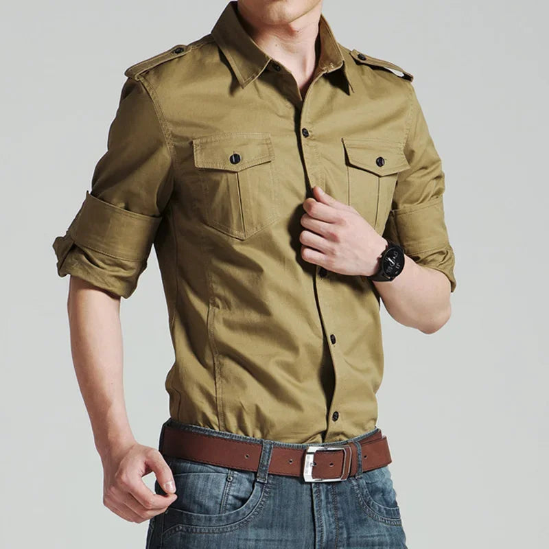 Mens Military Shirts 2025 Autumn Long Sleeve Casual Workwear Pocket Shirts Camisas Slim Solid Male Military Shirts Chemise Homme