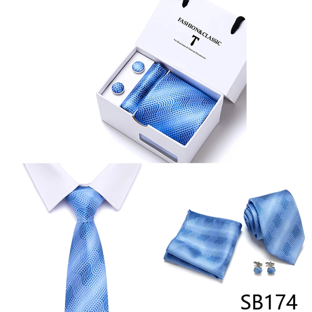 High Quality 7.5 cm Stripe Blue Tie Pocket Square Cufflinks Set For Men Gift Box Wedding Gravatas Fit Workplace