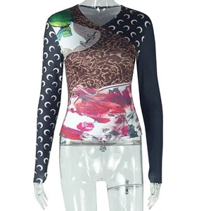 Casual Patchwork Moon Printed T Shirts 2025 Spring Women Long Sleeve V Neck Slim Stretchy Club Party Street Sports Tops Tees