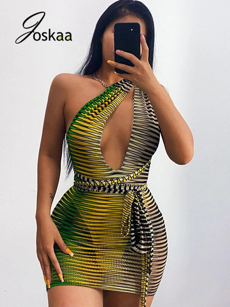 Joskaa Stripe Printed Deep V-Neck Sleeveless Bodycon Dress Women Sexy Backless Bandage Mini Dress Summer 2021 Party Clubwear