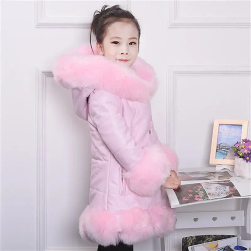 2023 Winter Kids Girls PU Leather Patchwork Faux Fox Fur Collar Down Jacket Coat Children Thick Warm Hooded Parkas Outerwear W31