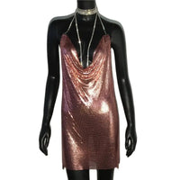 AKYZO Sexy Gold Sequined Patchwork Mini Dress Women Sleeveless Low Cut Metal Chains Halter Slim Charming Nightclub Party Dresses