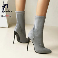 Winter Shoes For Woman Soft Leather Sock Ankle Boots 2024 New Pointed Toe Thin High Heels Women Short Booties Plus Size 44 45 46