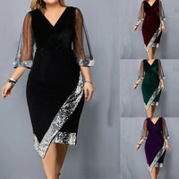 Women's Dress Sequin Mesh Long Sleeve Asymmetrical Hem Formal Occasion Dress Elegant Slim Fit V-Neck Luxury Summer Skinny 2023