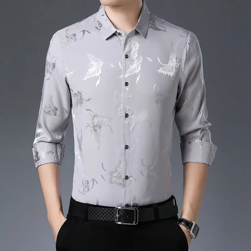 Streetwear Fashion Men Silk Smooth Shirt Spring Autumn New Male Clothes Business Casual Vintage Long Sleeve Basic Casual Tops