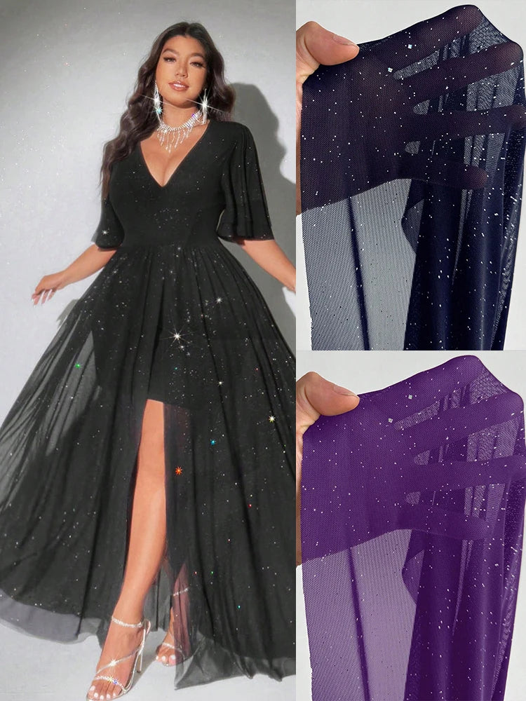 New Plus Size Sexy Deep V-Neck Mesh sequins A-line Hem Stitching Lining Dress Retro Flared Sleeve High Slit Skirt Evening Dress