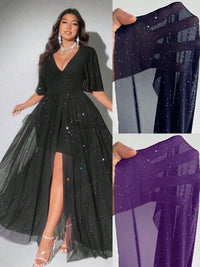 New Plus Size Sexy Deep V-Neck Mesh sequins A-line Hem Stitching Lining Dress Retro Flared Sleeve High Slit Skirt Evening Dress