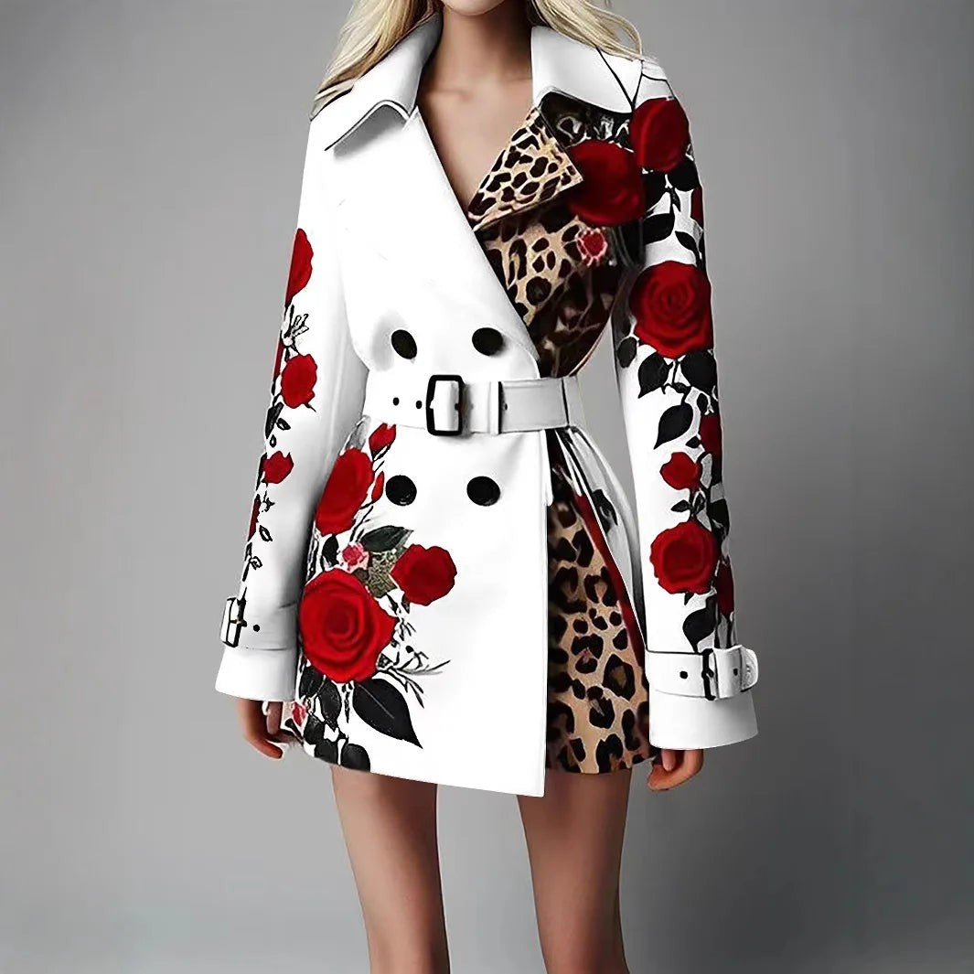 Women New Long Sleeve Floral Flower Printed Office Coat Double Button Belt Lapel Collar High Waist Jacket