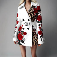 Women New Long Sleeve Floral Flower Printed Office Coat Double Button Belt Lapel Collar High Waist Jacket