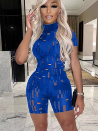 hirigin Summer Short Sleeve Jumpsuit for Women Bodycon Sexy V Neck Button Rompers Shorts Hollow Out Bodysuit Club Overalls