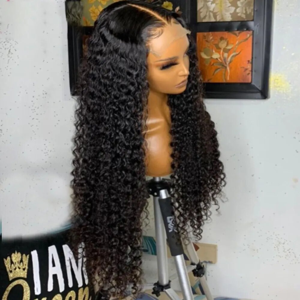 Soft 26 Inch 180% Density Long Kinky Curly Natural Black Lace Front Wig for Women With BabyHair Glueless Preplucked Wig