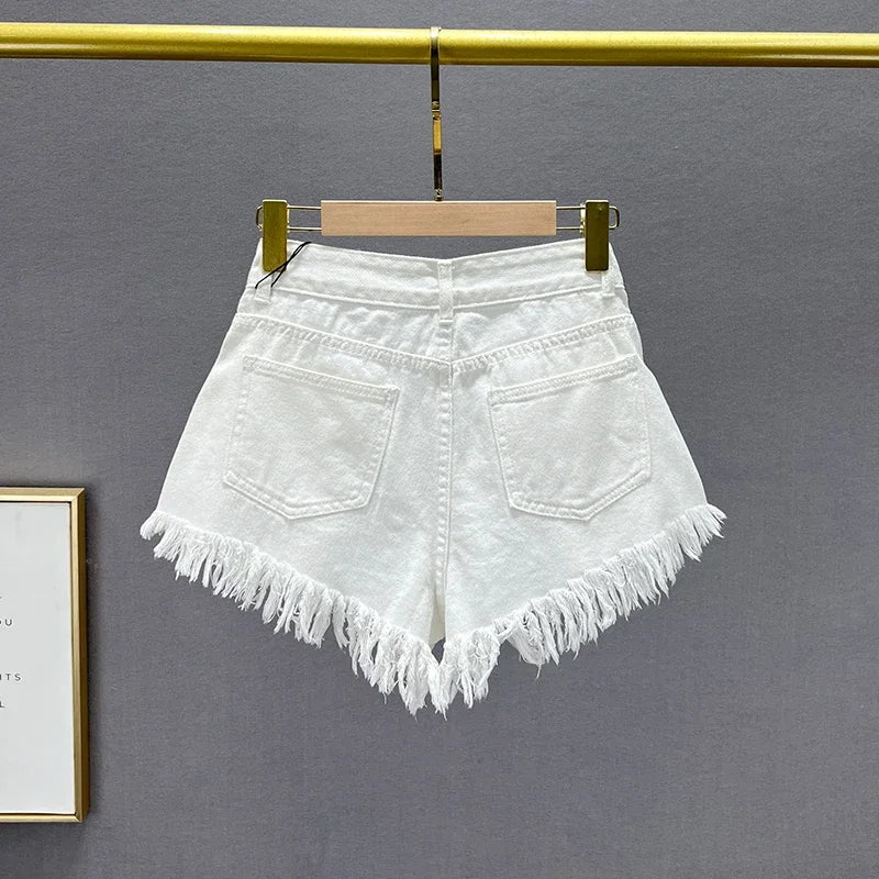 Diamond-Embedded Denim Shorts Women's Fashionable 2023 New Summer High Waist Loose Slimming Raw Hem Wide Legs Short Hot Pants