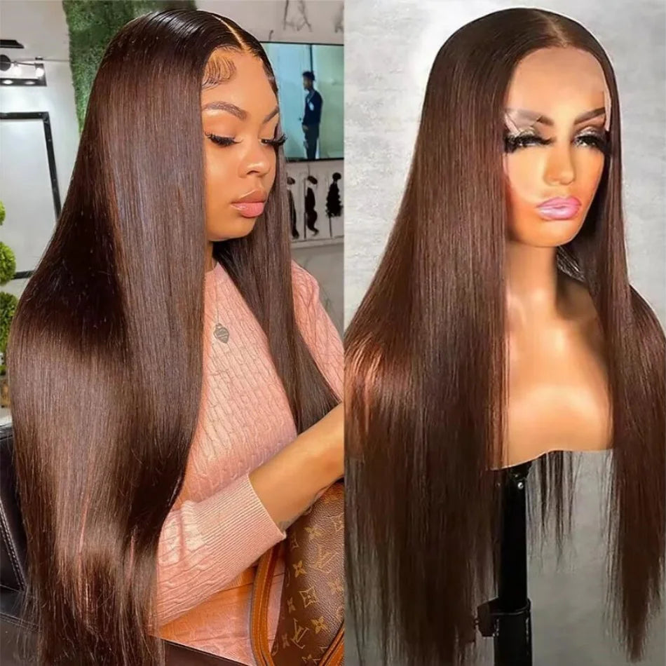 36 Inch Bone Straight Chocolate Brown 13x6 Lace Frontal Wigs 100% Brazilian Virgin Hair Pre Plucked Glueless Wigs Human Hair Wig