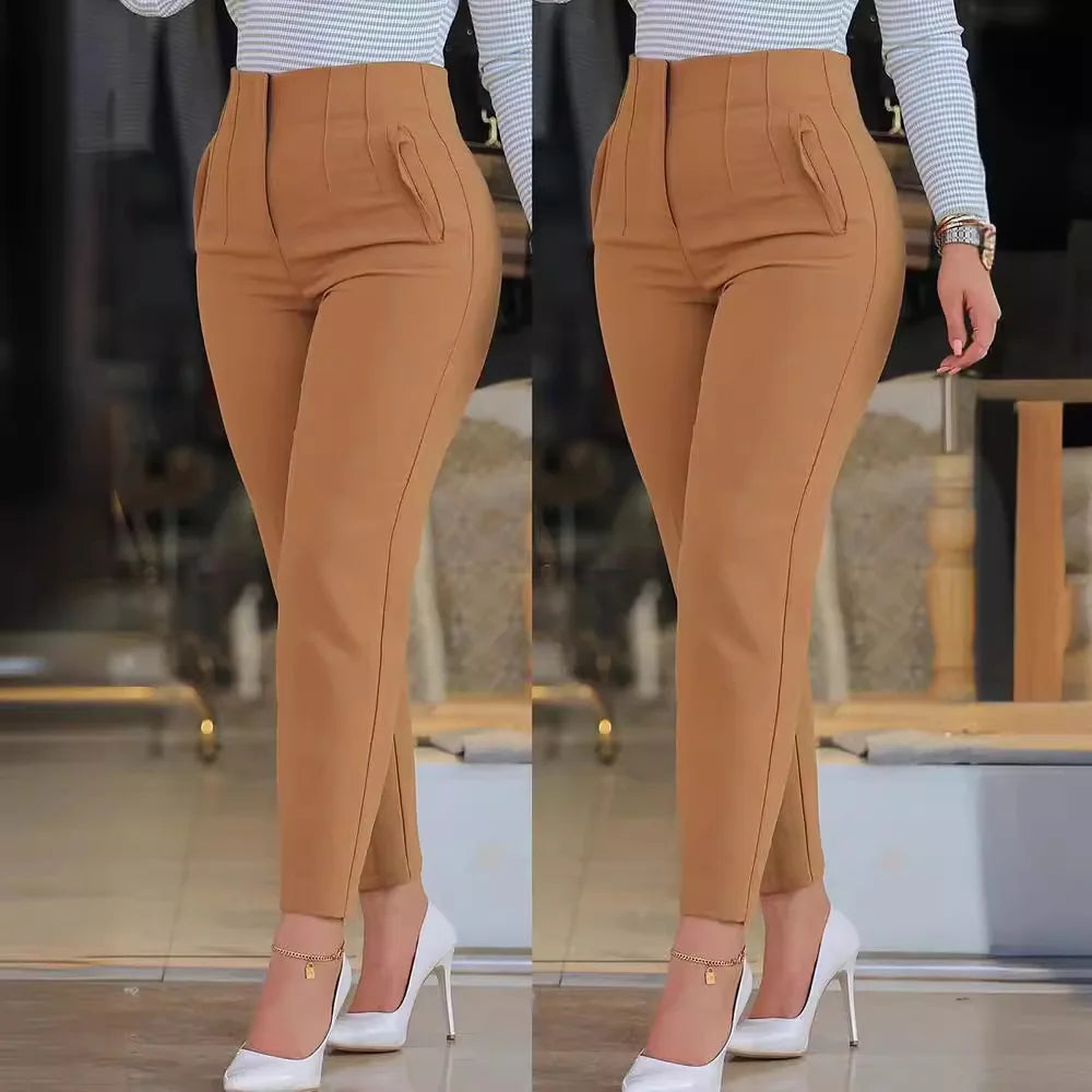 Women Pants High Waist Solid Pockets Pencil Pants Ankle Length Slim Fit Office Lady Zipper Flat Summer 2024 Slight Strech