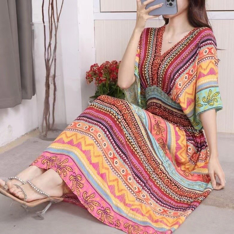 Summer Poplin Dresses Women Round Neck Puff Short Sleeve A Line Print Dresses Ethnic Style Tight High Waist Long Dress 2023