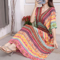 Summer Poplin Dresses Women Round Neck Puff Short Sleeve A Line Print Dresses Ethnic Style Tight High Waist Long Dress 2023