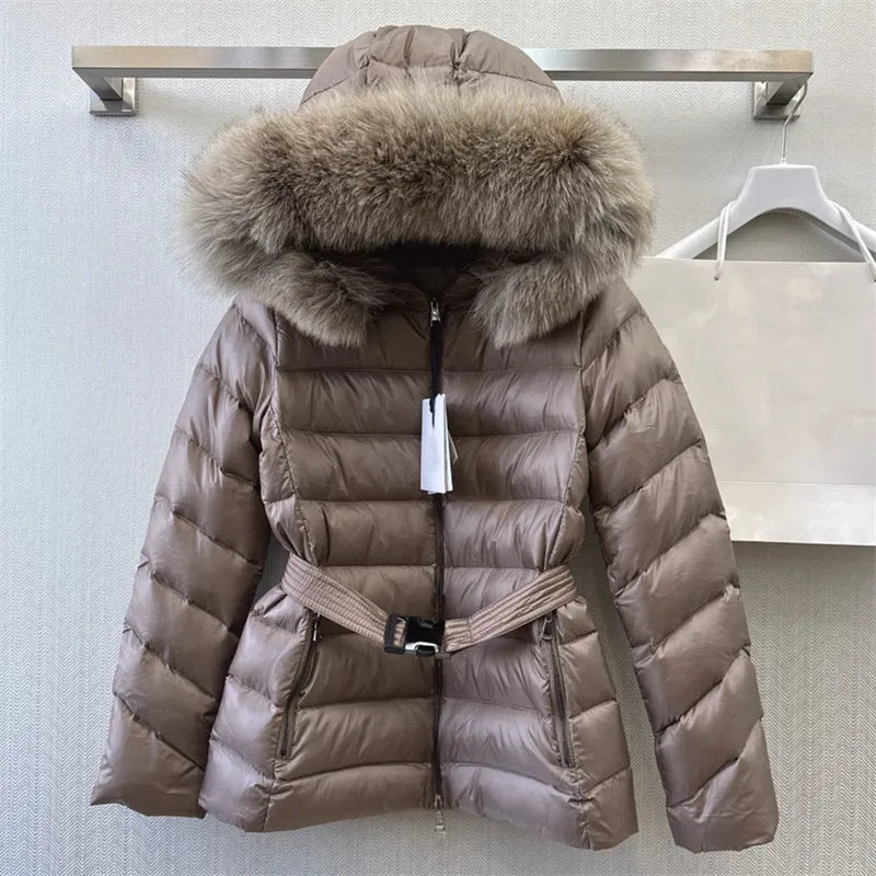 Women's winter down jacket 2023 New Korea Fashion Belt Slim Fit Hooded Feather Coat Natural Fox Fur Collar down coats Thick Coat