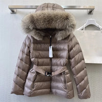 Women's winter down jacket 2023 New Korea Fashion Belt Slim Fit Hooded Feather Coat Natural Fox Fur Collar down coats Thick Coat