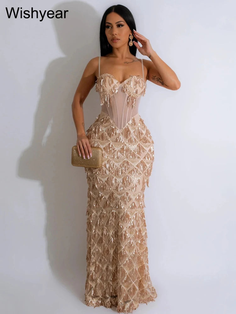 Sexy Spaghetti Strap Backless Bodycon Evening Club Party Dresses for Women Elegant Tassel Sequined Long Dress Birthday Femme