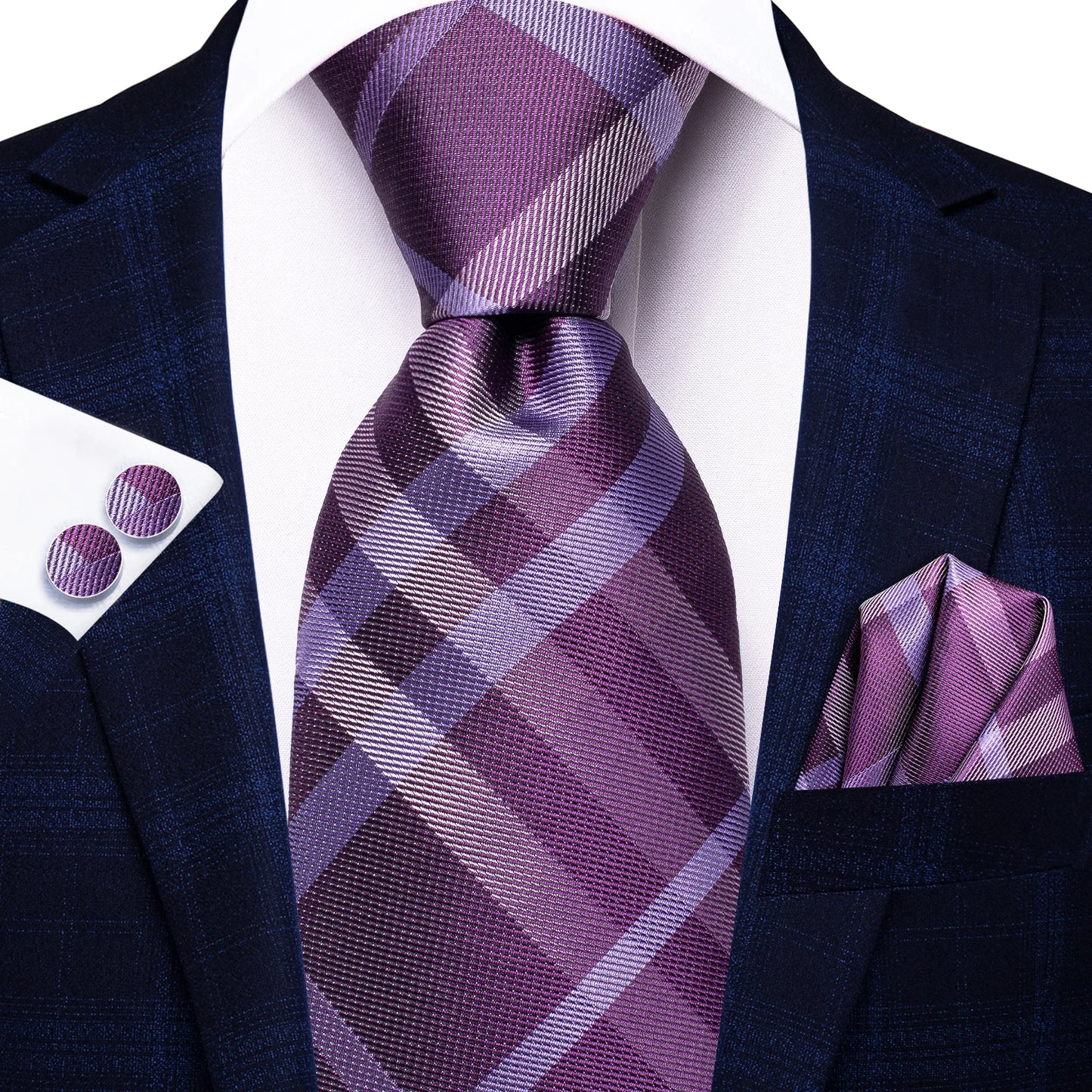 Hi-Tie Designer Silk Wedding Tie For Men Blue White Plaid Handky Cufflink Set Fashion Necktie For Men Business Party Wholesale