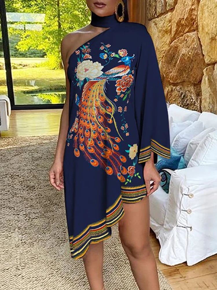 Vintage Women's Autumn Irregular Dress Sexy Halter One-shoulder Club Party Dress Elegant Long Sleeve Peacock Print Dress Vestido