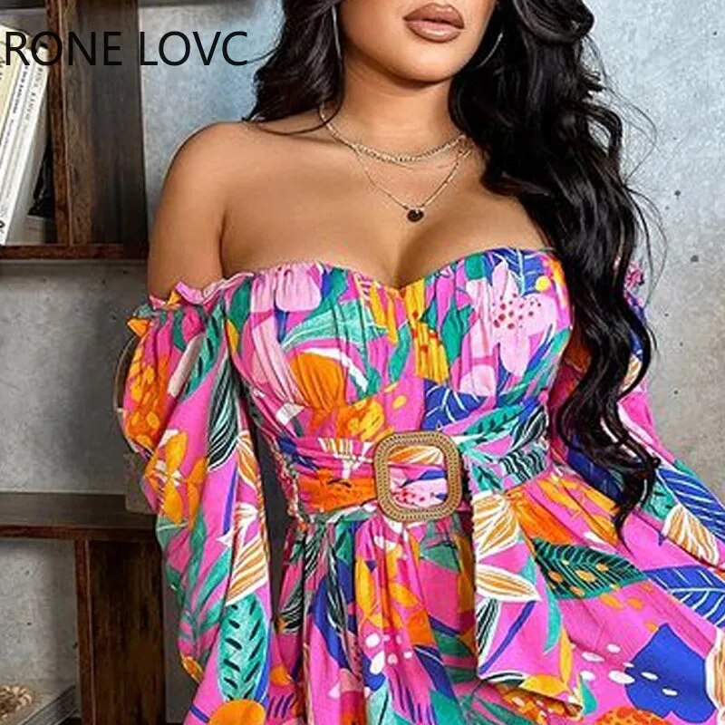 Women Elegant All Over Print Off Shoulder Sexy Long Sleeves Vacation Sexy Romper