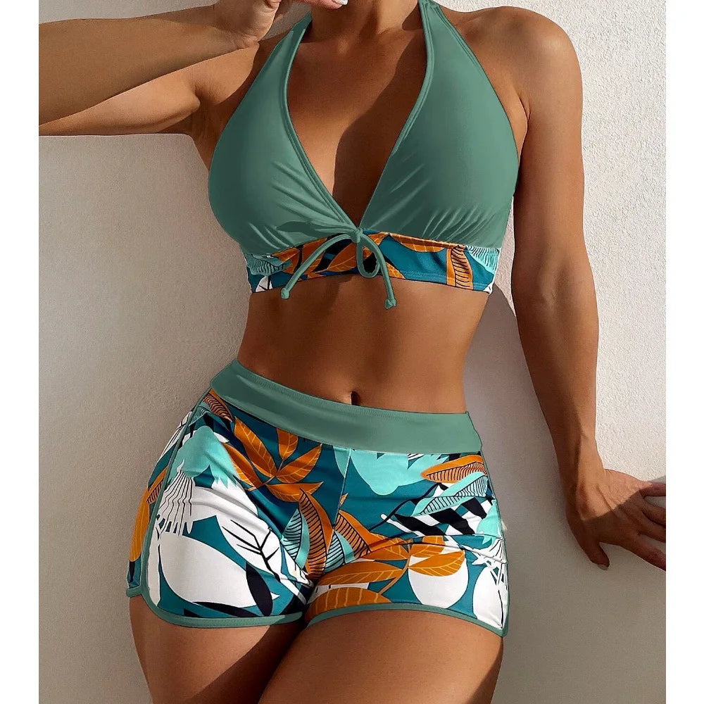 2026BHalter Bikini Set Short Swimsuit Women High Waist Swimwear Female Printed Bathers Swimming Bathing Swim Suit BeachwearNew