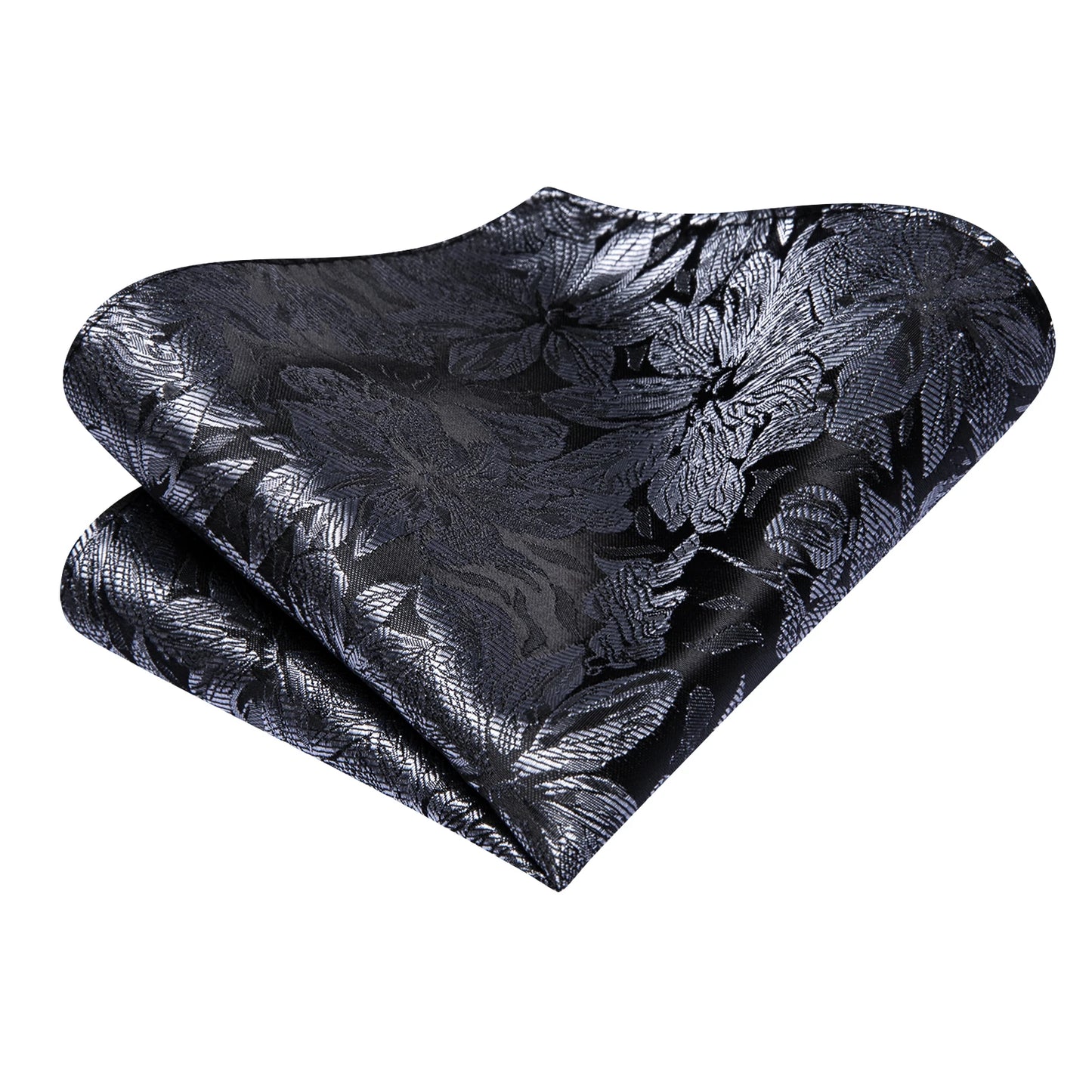 Hi-Tie Fashion 8.5cm Black Grey Floral Mens Elegant Tie Handkerchief Cufflinks Set Wedding Party Accessories Gift for Men Gravat