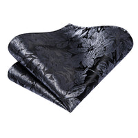 Hi-Tie Fashion 8.5cm Black Grey Floral Mens Elegant Tie Handkerchief Cufflinks Set Wedding Party Accessories Gift for Men Gravat