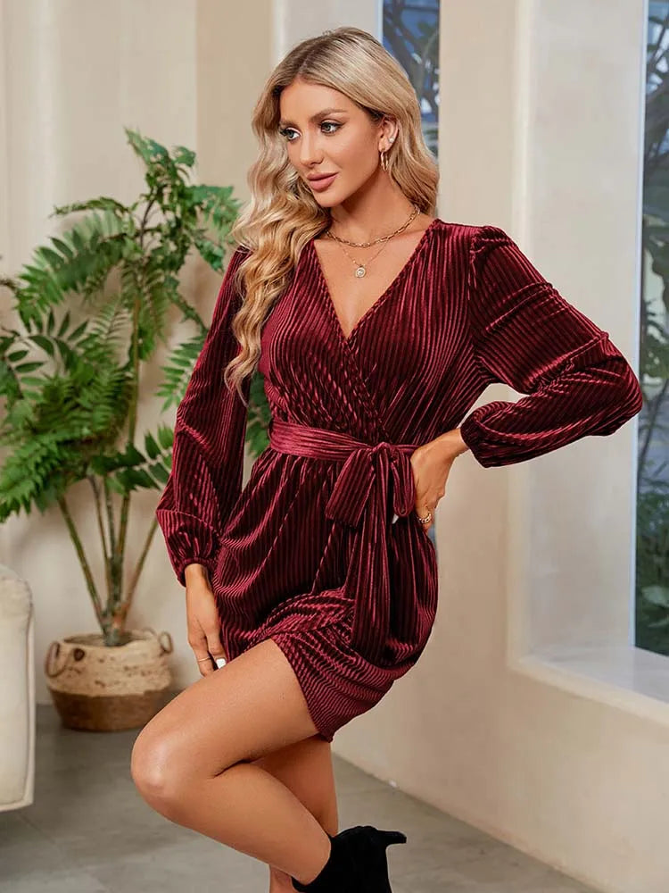 2023 Autumn Red Velvet Dress Women Long Sleeve V-neck Wrap Dress Mini Short Party Dresses for Women