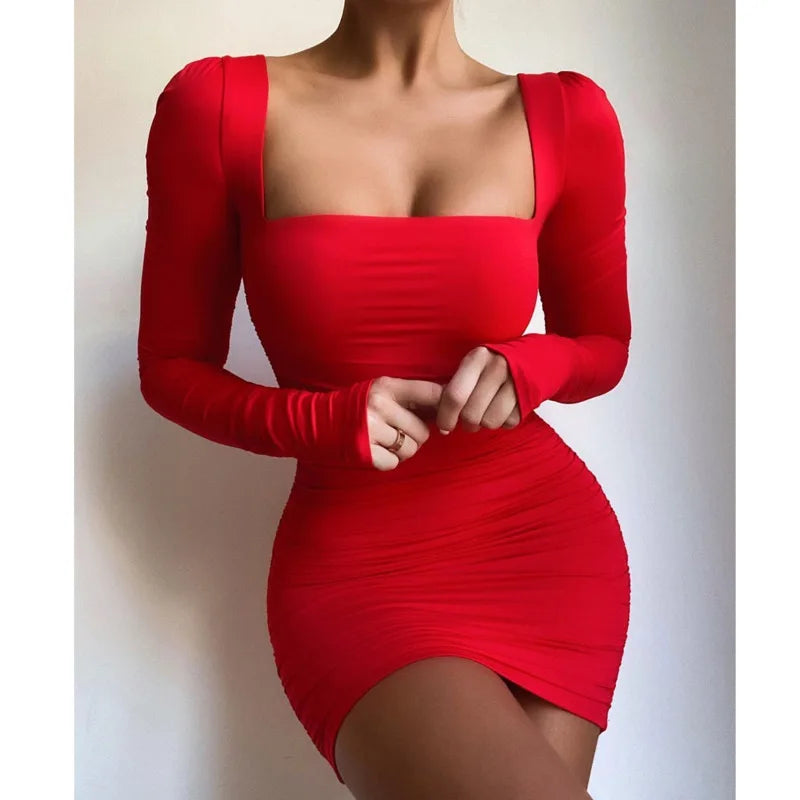 Autumn Winter Bandage Dress Women Square Collar Sexy Dress Long Sleeve Slim Elastic Bodycon Party Dresses Vestidos 2022