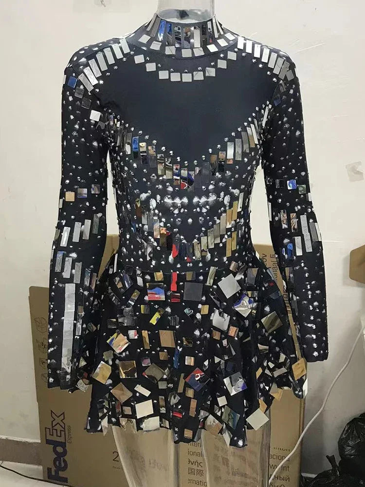 Bestselling Mirror Party Evening Dress Women Long Sleeve Stretch Mini Dress  Party Prom Women's Celebrate Dress Stage Costumes