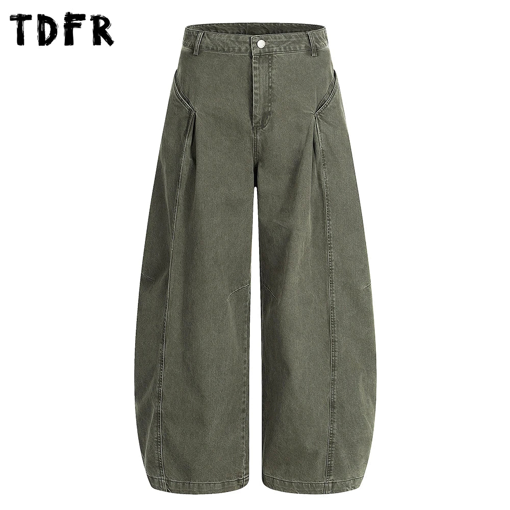 Spliced Faded Jeans Mens Retro Casual Washed Distressed Baggy Wide Leg Banana Denim Pants Man