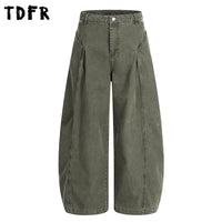Spliced Faded Jeans Mens Retro Casual Washed Distressed Baggy Wide Leg Banana Denim Pants Man