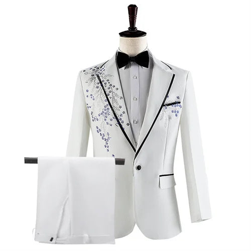 Fashion Men Spliced Suits Black / White Singer Host Stage Performance Luxurious Dress Blazers Jacket and Pants