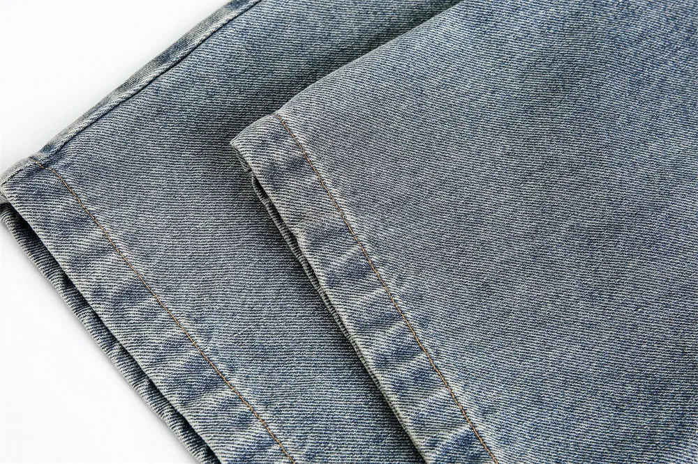 Ripped Jeans Mens With Rivets Pocket Retro High Street Washed Distressed Loose Wide leg Denim Pants Men