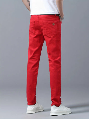 Men's Classic Red Jeans - Opaque Stretch Denim Pants, Machine Wash Suitable for Year-Round Wear - Adult Men's Clothing