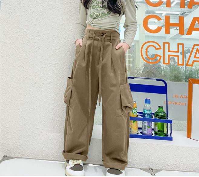 Spring And Autumn New Girl's Retro Army Green Cargo Pants High Waist Showing Thin Loose Sports Casual Wide Leg Trousers 6-14 Y