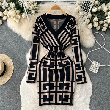 Sexy Brand Fashion Fancy Women Dress 2022 Autumn Winter Vintage Knitted Wrap Hips Short Dress