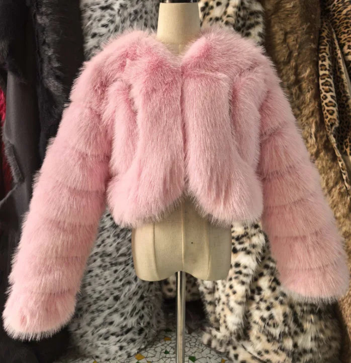 Warm Faux Fur Coats Women Short Overcoats Loose O Neck Long Sleeves Covered Button Straight Work Y2k Casual 2025 Autumn Winter