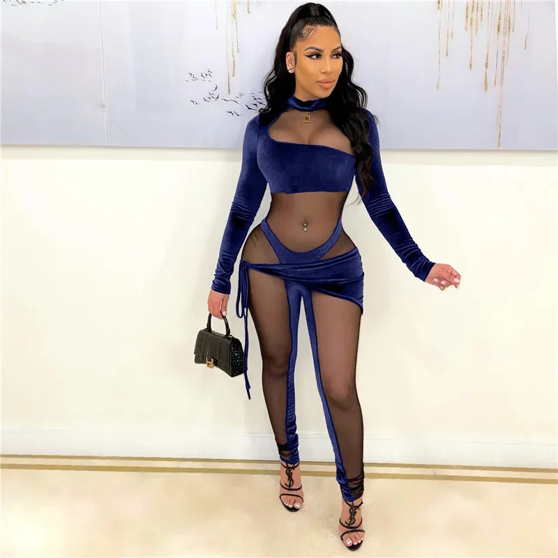 Sexy See-through Mesh Patchwork Velvet Jumpsuit Women Clubwear Long Sleeve Rompers Womens Jumpsuit Bodycon Overalls for Women